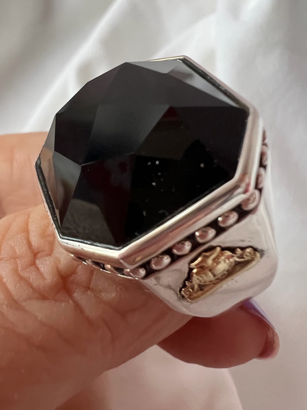 LAGOS 18K GOLD & STERLING SILVER LARGE FACETED ONYX RING STATEMENT UNISEX HEAVY